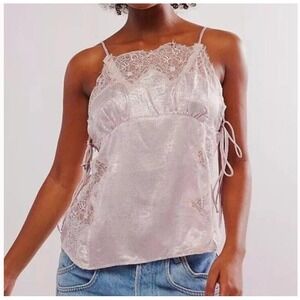 Free People Intimately Satin Eyelash Lace Cami Tank Top Blouse Dusty Pink New XS